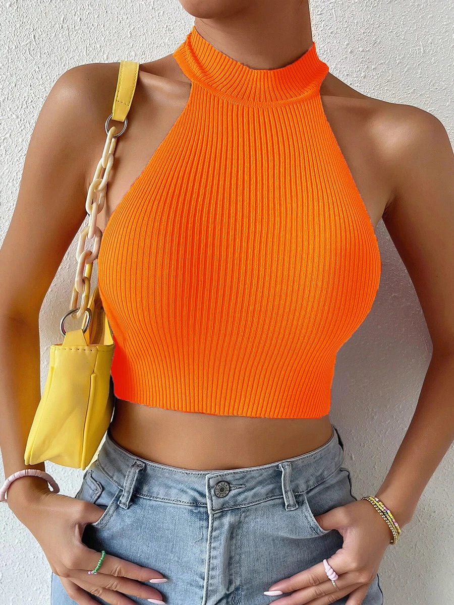 Color Jelly Bean Women Casual Ribbed Knit Sleeveless Summer Sweater Tops Halter Crop Tops Y2K Clothes Femme Stretch Pullover