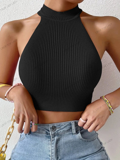 Color Jelly Bean Women Casual Ribbed Knit Sleeveless Summer Sweater Tops Halter Crop Tops Y2K Clothes Femme Stretch Pullover